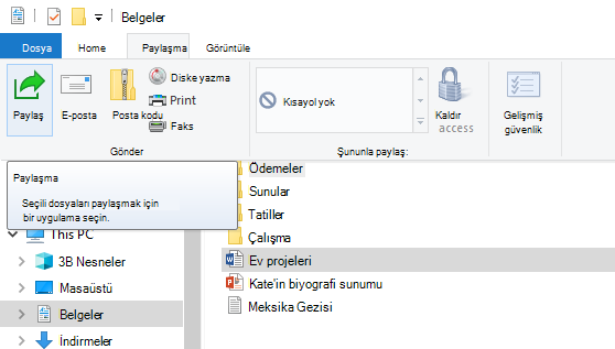 Paylaş düğmesini nerede bulabilirim?Dosya GezginiDosya Gezgini on Windows 10Windows 10