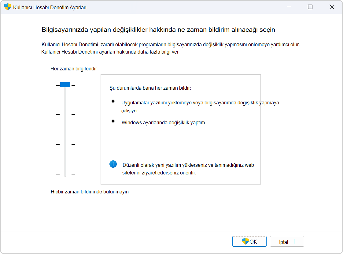 Screenshot of the settings to configure UAC.