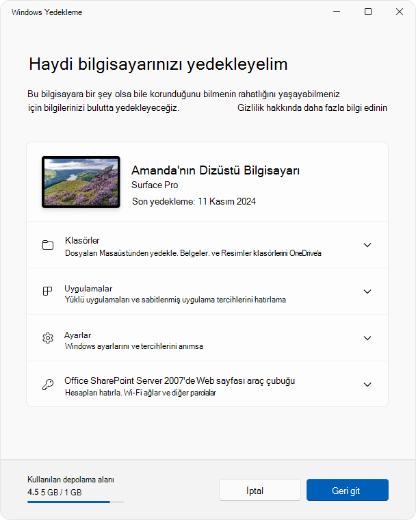 Windows 11'daki Windows Yedekleme uygulamasının ekran görüntüsü.