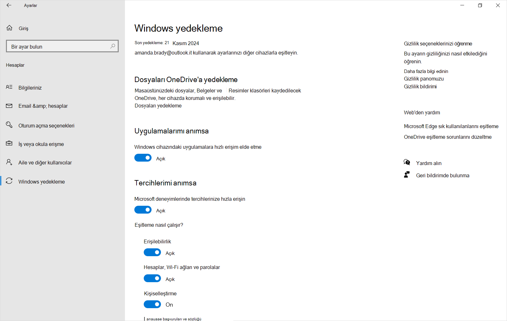 Ayarların ekran görüntüsü Windows 10'de Windows yedekleme.
