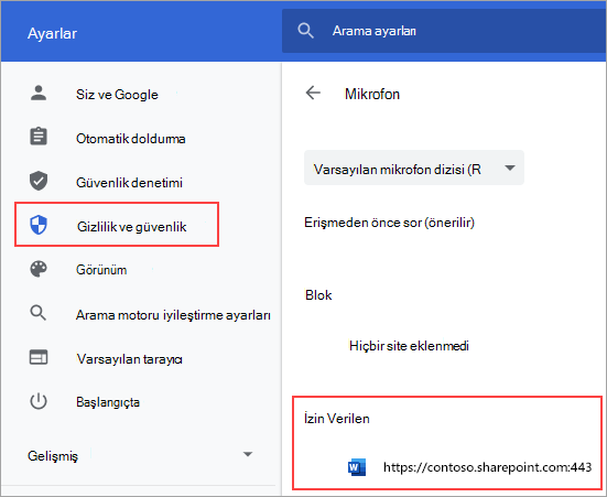 Chrome için mikrofon izinleri ayarları sayfası