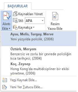 Alıntı Ekle açılır menüsü