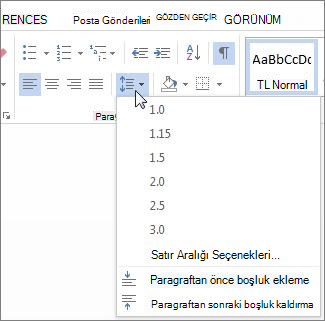 Satır ve Paragraf Aralığı ekranı