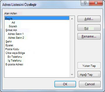 Adres Listesini Özelleştir iletişim kutusu