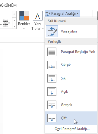 Paragraf Aralığı menüsü