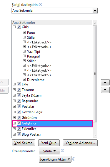 Word şeridinde Geliştirici sekmesini açma