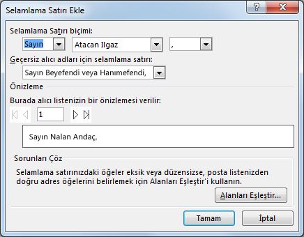 Selamlama Satırı seçenekleri