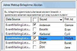 Onay kutularını işaretleyerek satır seçme