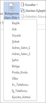 Kullanılabilir alanların Birleştirme Alanı Ekle menüsü
