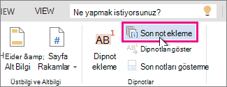 Word Online’da Sonnot Ekle düğmesi
