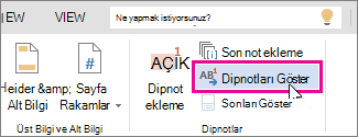 Word Online’da Dipnotları Göster düğmesi