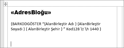 AddressBlock ve barkod alanlarını içeren bir posta etiketi