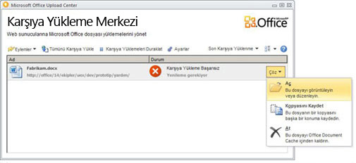 Karşıya Yükleme Merkezi'nin Çöz menüsü