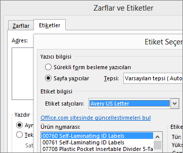 Etiket Seçenekleri iletişim kutusunda Avery uyumlu düzen seçme