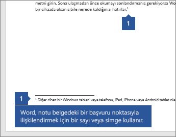 Word, notu belgede bir başvuru noktasıyla ilişkilendirmek için bir numara veya sembol kullanır.