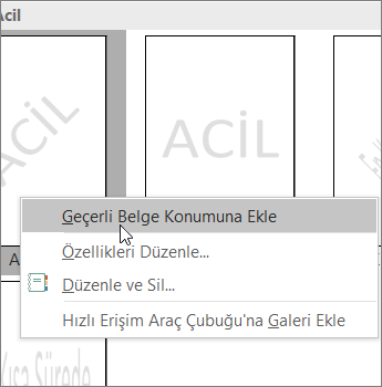 Geçerli Belge Konumuna Ekle komutunu gösteren filigran küçük resmine sağ tıklayın.