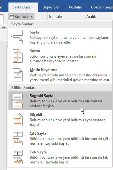 Düzen sekmesinde kesme seçenekleri gösteriliyor.