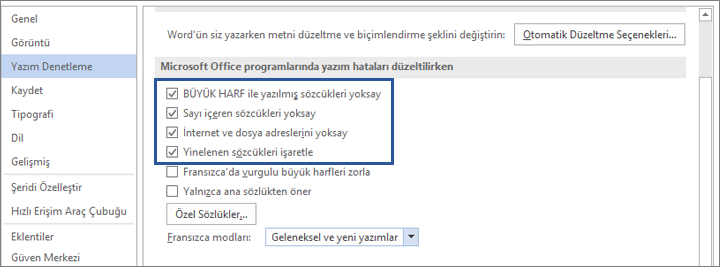 Yazım hatalarını düzeltirken sözcükleri yoksayma seçenekleri