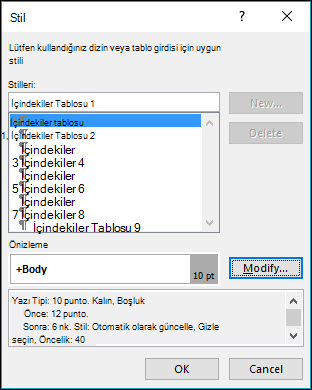 Stili Değiştir iletişim kutusu, içindekiler tablonuzdaki metnin görünümünü güncelleştirmenize olanak tanır.