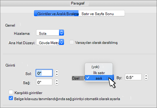 Asılı girintiyi seçme