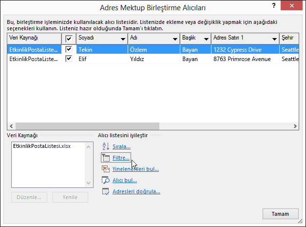 Word adres mektup birleştirme işlemi kapsamında, alıcı listesine filtre uygulamanın sonuçları.
