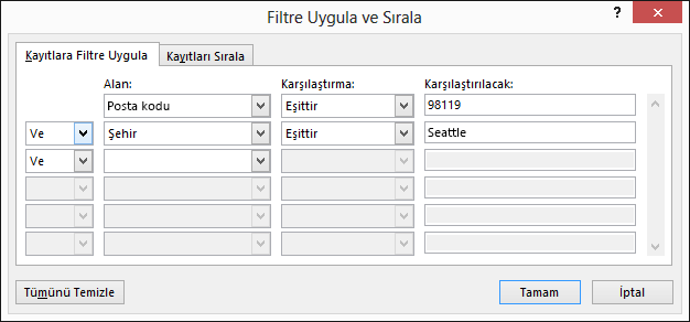 Word adres mektup birleştirme işlemi kapsamında, Alıcı Listesini Düzenle'yi seçin ve Alıcı listesini iyileştir'in altında Filtre Uygula'yı seçin.