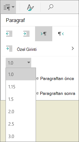 Satır Aralığı menüsü