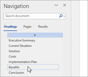 WordWord Navigation pane page selection
