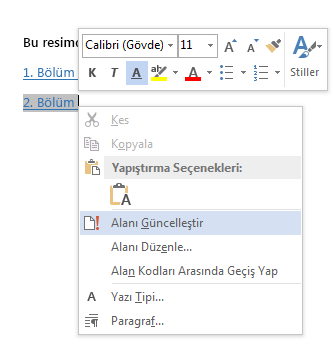 Yer işareti başvurusu için sağ tıklama menüsü
