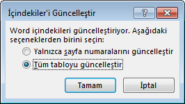 İçindekiler Tablosu iletişim kutusunu güncelleştirme