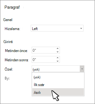 Asılı girintiyi seçme