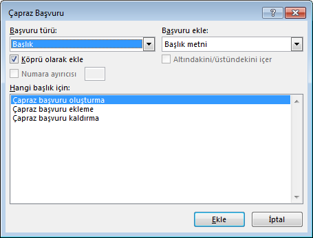 Word’da çapraz başvuru iletişim kutusu