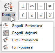 Denklemi dönüştürmeye yönelik biçim seçeneklerini gösteren Dönüştür menüsünün resmi.