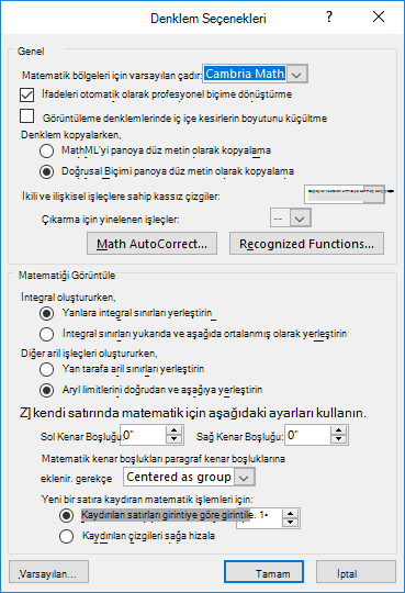 Denklem Seçenekleri iletişim kutusunu gösteren resim