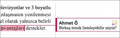 Kenar boşluğundaki açıklama vurgulanmış