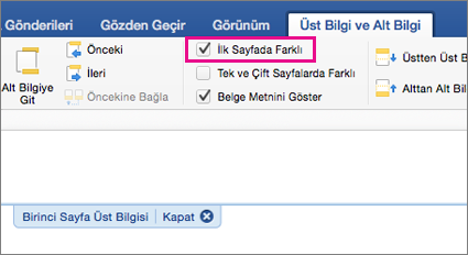 Üst Bilgi&Alt Bilgi sekmesinde İlk Sayfada Farklı seçeneği vurgulanır.