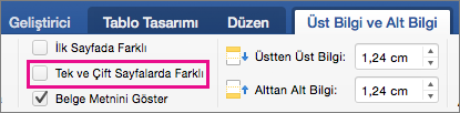 Üstbilgiler ve Altbilgiler sekmesinde Farklı Tek & Çift Sayfalar vurgulanır