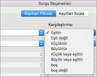Ayarlamak istediğiniz Karşılaştırma seçeneklerine tıklayın