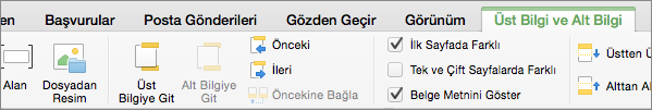 Üst bilgi veya alt bilgi alanına çift tıkladığınızda, Word Üst Bilgi & Alt Bilgi sekmesini görüntüler.