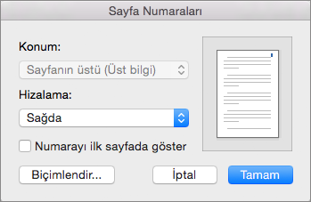 Sayfa Numaraları’nda, sayfa numaralarının konumlarını ve hizalamalarını ayarlayın.