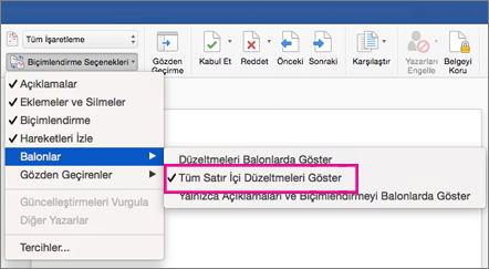 Tüm satır içi düzeltmeleri göster vurgulanmış