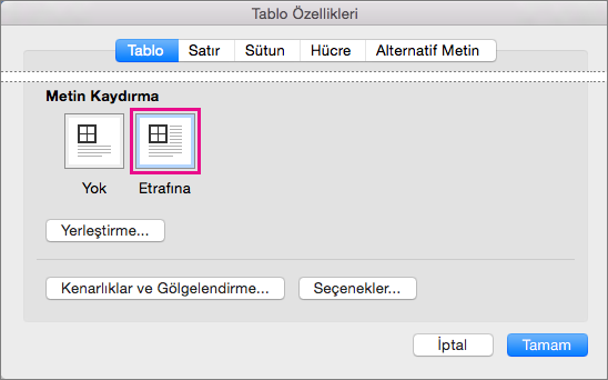 Metni seçili tablonun etrafında kaydırmak için Etrafına’ya tıklayın.
