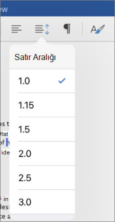 Satır aralığı seçeneklerini iPad için Word olarak gösterir.