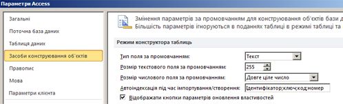 Параметри конструктора таблиць у вікні ''Параметри Access''