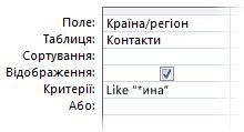 Зображення конструктора запитів із умовами, які використовують оператори folloeing, наприклад символи узагальнення в
