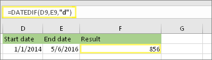 =DATEDIF(D9;E9;d) із результатом 856