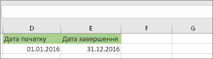 Дата початку в клітинці D53 – 1/1/2016, дата завершення в клітинці E53 – 12/31/2016