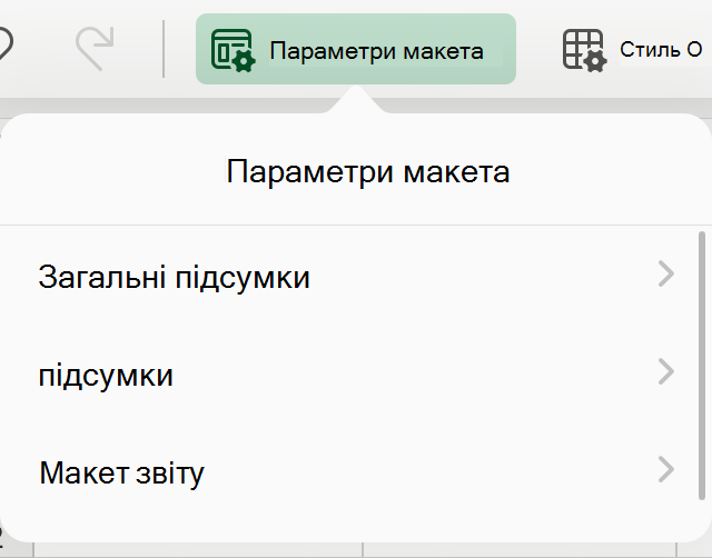 Розкривне меню макета зведеної таблиці на пристрої iPad.