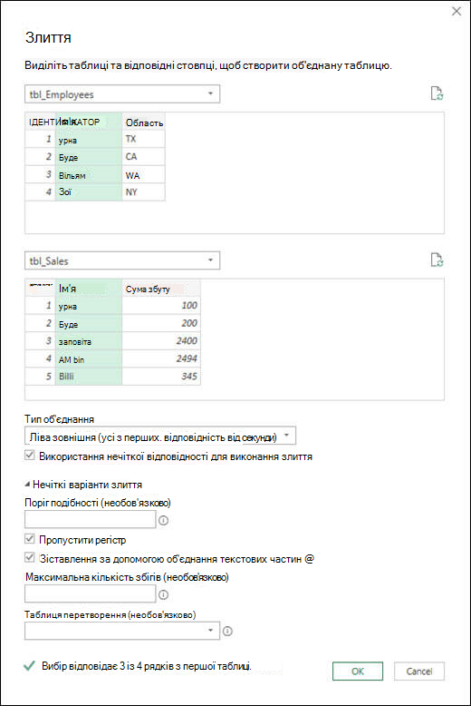 Power Query нечіткі параметри злиття