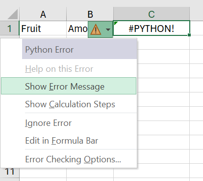 Помилка у клітинці Python в Excel із відкритим меню помилок.